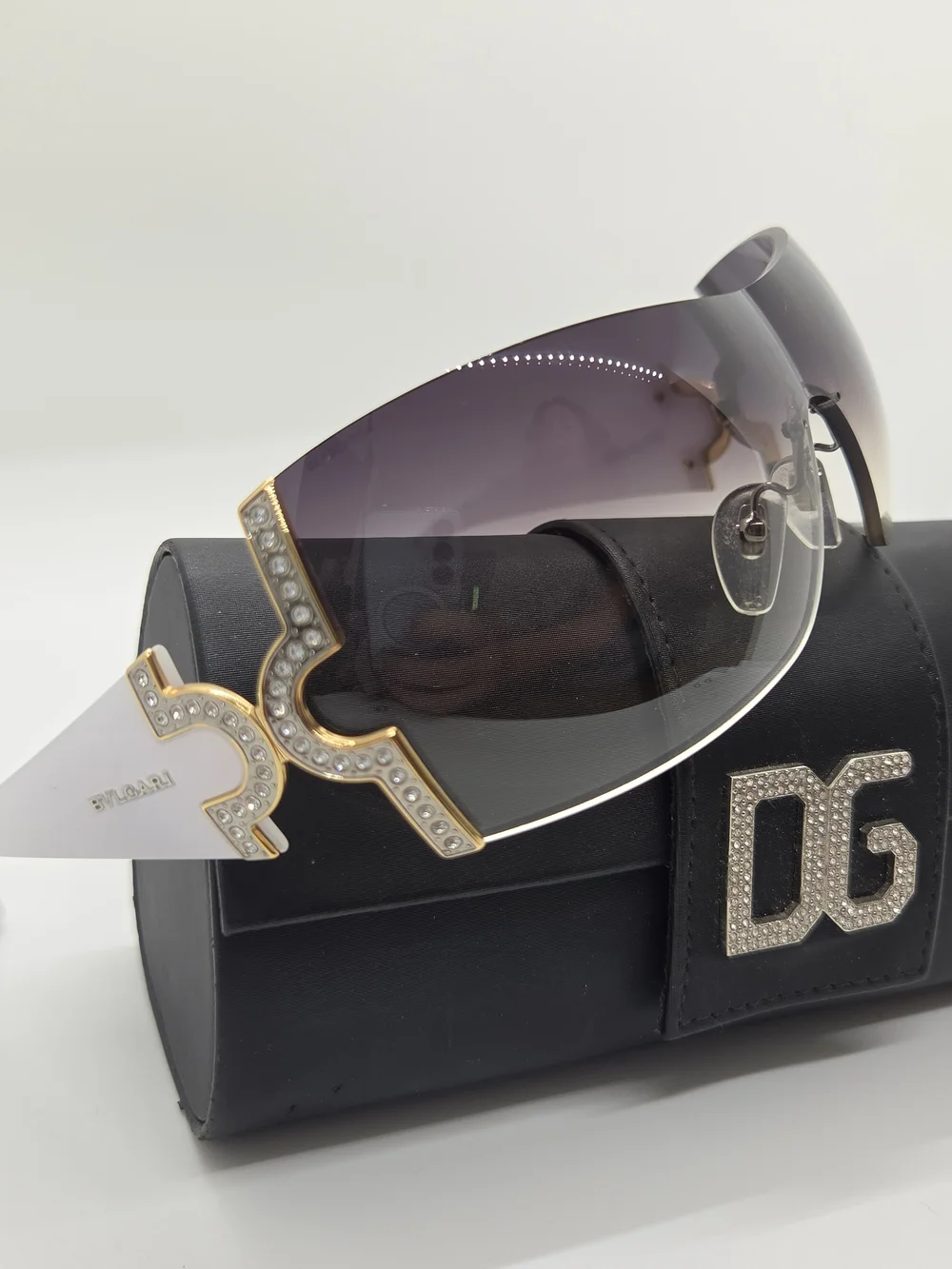 Bvlgari White and Gold, Swarvoski Crystal-Embellished Shield Sunglasses, Vintage